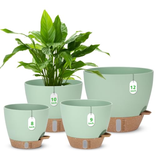 Self Watering Planter for Indoor Plants, 12" 10" 9" 8" Plastic Large Flower Pot Set with Water Level Indicator Deep Reservoir Saucer, Big House Bottom Watering Plant Pots with Drainage Hole - Green - color: Green