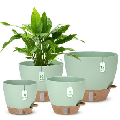 Self Watering Planter for Indoor Plants, 12" 10" 9" 8" Plastic Large Flower Pot Set with Water Level Indicator Deep Reservoir Saucer, Big House Bottom Watering Plant Pots with Drainage Hole - Green - color: Green