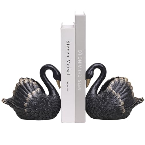 Swan Decorative Bookends,Resin Book Ends for Shelves,Unique Black Book Holders,Heavy Duty Swan Decor for Home Office Desk Bookshelf,Set of 2,Gifts for Anniversary - color: Black