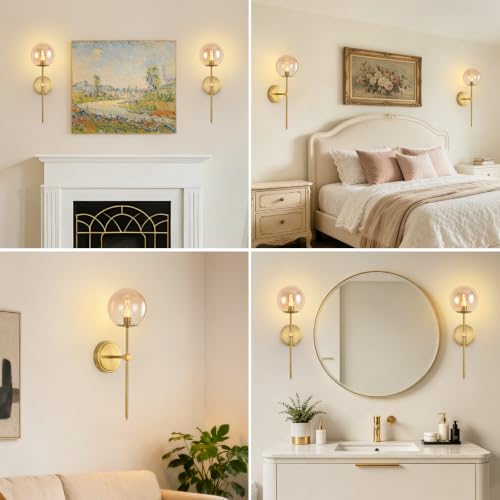 Globe Battery Operated Sconce Set of 2 with Clear Glass Lampshade - color: Gold-Amber