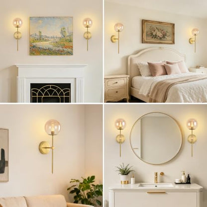 Globe Battery Operated Sconce Set of 2 with Clear Glass Lampshade - color: Gold-Amber
