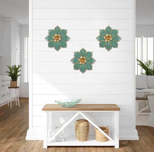 Villa Como Set of 3 Green and Gold Metal Flowers Wall Art Decor 10" - color: # 3 Green
