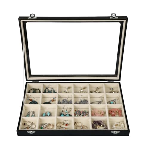 Stratalife 24 Grid Earring Organizer, Jewelry Holder Organizer with Lid - color: Beige-Black, size: 24 Grid