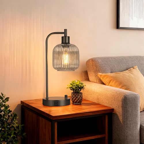 Grey Glass Table Lamps Set of 2, Dimmable Bedside Lamps for Living Room - color: Black&Grey