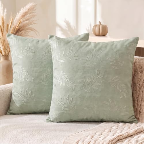 AVOIN colorlife Sage Green Jacquard Decorative Throw Pillow Covers Set of 2, 18 x 18 Inch Laurel Leaves Woven Textured Cushion Case Home Decor for Couch Sofa Bed - color: Sage Green