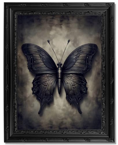 Gothic Black Butterfly Framed Wall Art - Dark Academia Witchy Canvas Print with Ornate Carved Frame, Ready to Hang Single Panel Decor for Bedroom Living Room Halloween - color: Black Butterfly, size: 24"L x 16"W