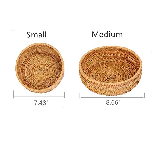 Set of 2 Round Rattan Bowl Baskets, 8 9 Inch Handmade Wicker Basket Tray with 3”Deep Wall, Decorative Woven Brown Bread Basket Fruit Bowl Table Key Holder, 2-Size - size: 2-Size Kit (Includes 8" & 9")