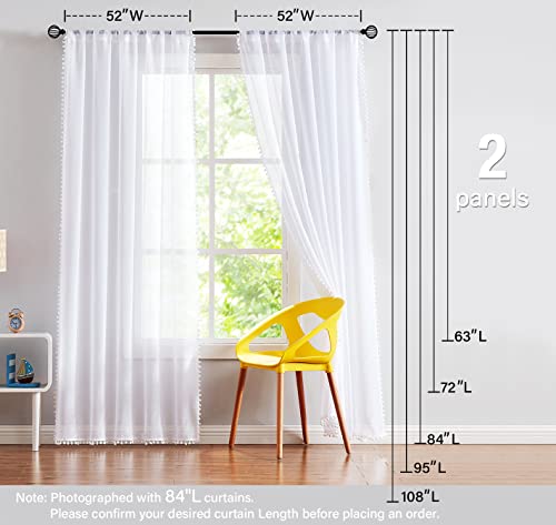 Pom Pom Sheer White Curtains 52x108" Living Room Textured Window Panels 2pc - color: Snow White, size: 52"W x 108"L (Pack of 2)