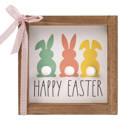 caiydramy Happy Easter Sign, Wooden Easter Bunny Decor with 3D Pom Pom Tail, Spring Wood Decorative Signage Indoor Table Wall Art Shelf Tiered Tray Office Desk Mantel Rustic Farmhouse Home Decorations