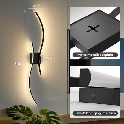 10000mAh Battery Operated Wall Sconces Set of 2, Black, 31.5 Inch - color: Black, size: 31.5in