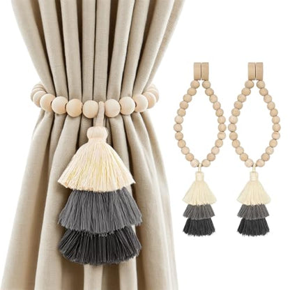 Magnetic Curtain Tiebacks with Wood Beads, Boho Rope Drapery Holdbacks with Triple Tassels, No Drill Curtain Holders for Farmhouse Bedroom, Living Room or Nursery,Set of 2, Beige Grey Charcoal - color: Beige/Gray/Charcoal