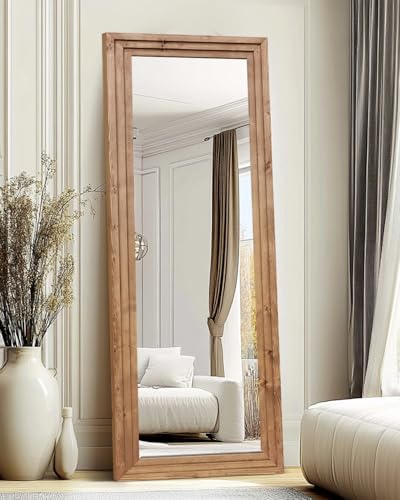 65x24in Full Length Mirror, 3-Tier Stepped Solid Wood Frame - color: Light Brown, size: 65"L x 24"W