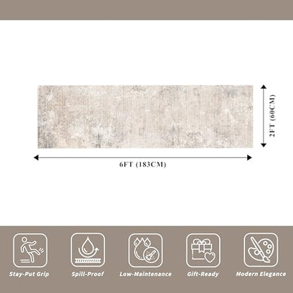 2x6ft Non-Slip Washable Kitchen Rug - Modern Carpet Runner for Hallway,Bedroom Bedside,Laundry Room,Entryway with Rubber Backing – Abstract Neutral Low-Pile Thin (Beige Grey,2x6) - color: Beige Grey, size: 2' x 6' (Rectangular)