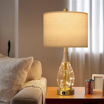 OYEARS 23" Table Lamps for Living Room Set of 2 Bedside Lamps for Night Stands Bedroom Lamps Farmhouse Rattan Boho Lamp Glass Nightlight End Table Lamp with USB C+A (Gold),Two Light Points - color: Light Gold