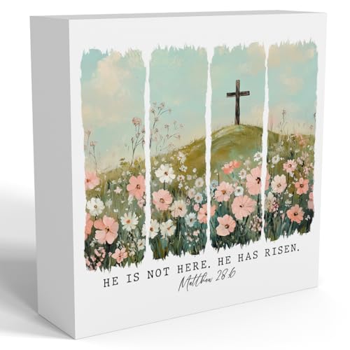 Christian Easter Decor, Jesus Easter Decoration, Aesthetic Boho Wildflower Wooden Box Decor for Rustic Home Girls Room Apartment Table Shelf Office-He is Risen Matthew 28:6 - color: He is Risen Matthew 28:6.
