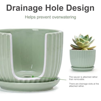 Flower Pots,Ceramic Plant Pots with Drainage Holes Set of 3（Light Green） - color: Light Green