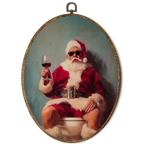 FSTCSV Funny Christmas Santa Wine Bathroom Oval Wall Art Framed, Humor Wine Lover Santa Bathroom Canvas Prints Wall Hanging Art, Christmas Holiday Bar Oval Walls Decor for Home Bathrooms, 8.8x11.5in - color: oval santa