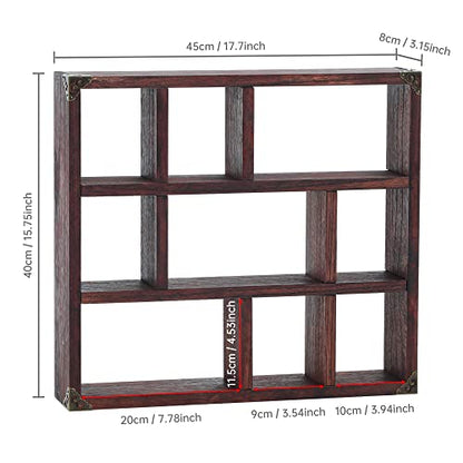 17.7x15.7-Inch Shadow Box Shelf 9-Slot Rustic Floating Shelves Larger Wall Mounted Shelf Lightweight Solid Wood Display Shelf Freestanding Farmhouse(9C-Rustic Walnut) - color: 9c-rustic Walnut, size: 1 PCS