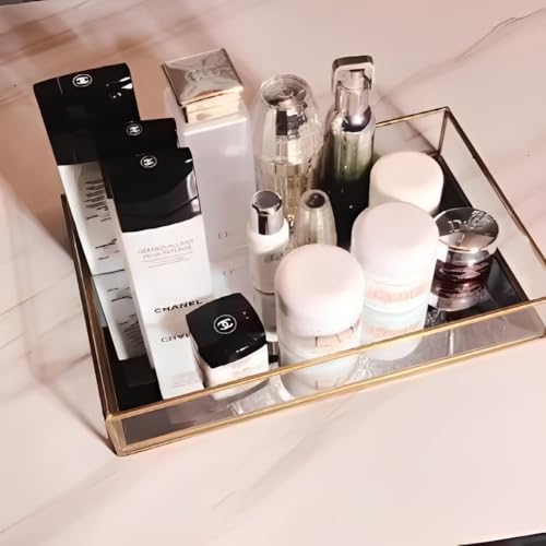 Sooyee Gold Rectangle Mirror Tray, Metal and Glass Fragrance Tray, 12"x8" - color: Gold
