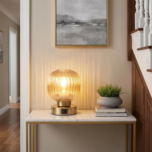 Elenhome Touch Small Table Lamp,Elegant Gold Glass Bedside Lamp 3 Way Dimmable with USB C+A Charging Ports - Bedroom Nightstand & Living Room Essential, 4W Bulb Included (Gold) - color: Gold