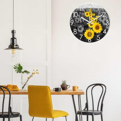 XFM Sunflower Kitchen Glass Wall Clock 14 Inch Silent - color: Yellow1, size: 14 Inch