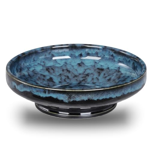 Ceramic Fruit Bowl for Kitchen Counter,Decorative Pedestal Bowl for Table Countertop,Japanese Stye Large Footed Serving Bowl,10.2 Inch (Starry Blue) - color: Starry Blue