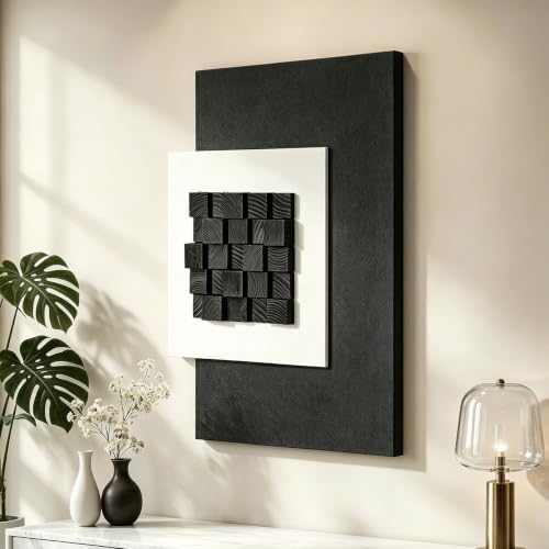 AMAATE 3D Textured Black Wood Geometric Relief Sandstone Framed Wall Art - color: black square