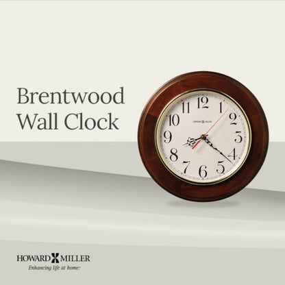Howard Miller Brentwood Wall Clock – Wood Finish, Brass Bezel, Silent Quartz Movement, Round, Battery Operated, Home or Office Decor