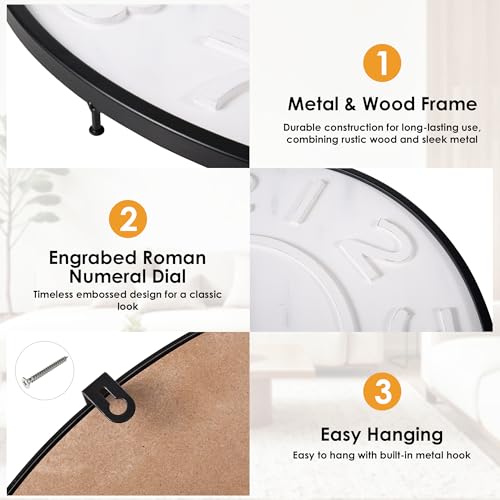 Modern 24-Inch Wall Clock, Iron & Wood with Distressed Vintage Finish – Silent Non-Ticking Quartz Movement, Battery Operated, Easy to Hang, for Living Room, Office, Classroom