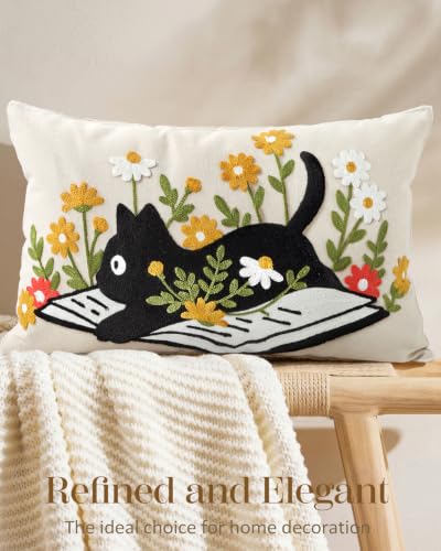 Animal Embroidered Lumbar Pillow Cover 20x12 Inch, Cat Floral - color: Cat Book, size: 20" x 12" (Pack of 1)