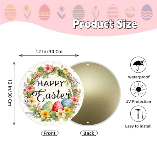 EMOHAT Happy Easter Floral Round Metal Tin Sign, 12x12 Inch Spring Wall Art with Easter Eggs Flowers, Rustic Outdoor Decor for Garden Yard Porch - color: Happy Easter Floral, size: 12x12 Inch