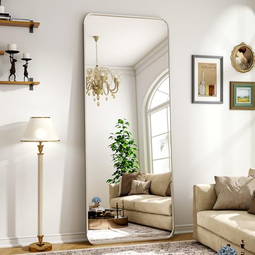 Silver Full Length Mirror 21 x 56 Inch Nano Floor Mirrors with Stand Rounded Corner Full Body Mirrors with Aluminum Alloy Frame for Bedroom Living Room Checkroom - color: Silver, size: 56"L x 21"W