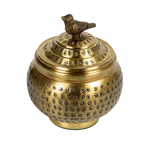 Round Hammered Metal Container with Bird Finial, Brass Finish - size: 6 inches (Diameter) x 7 inches (Height), style: Bird