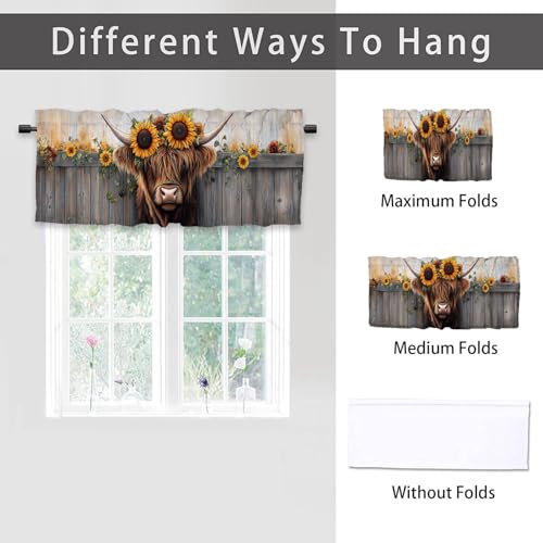 Highland Cow Sunflower Valances Curtains for Kitchen Windows 2 Pack Brown Hair Cattle Valance for Bedroom Living Room Bathroom Rod Pocket Window Curtains Window Treatment Valances 54x18 inch - color: Highland Cow Sunflower