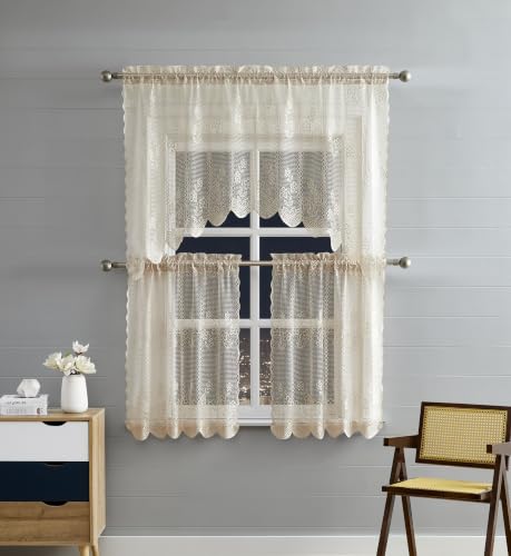 Warm Home Designs 3 Piece Golden Crochet Tiers & Swag. SIC Linen Set 36 - color: Linen, size: 30"W x 36"L (Pack of 3)