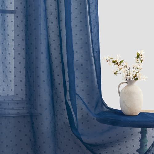 Navy Blue Semi Sheer Curtains 84 Inch 2 Panels for Boys Room Polka Dots - color: Navy Blue, size: 52"W x 84"L (Pack of 2)