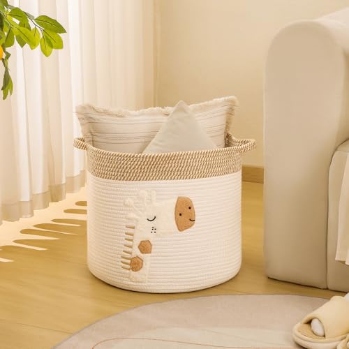 Large Blanket Baskets for Living Room Decor, Toy Storage Baskets 14" x 14" Woven Cotton Rope Basket for Kids, Dog Toys Organizer Clothes Hamper with Embroidery Decor for Nursery Laundry, Giraffe - color: Giraffe, size: Large
