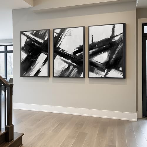 Large Framed Black and White Abstract Canvas Wall Art for Living Room - color: Brushstrokes, size: 24" W x 36" H x 3Pcs