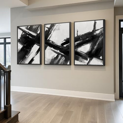 Large Framed Black and White Abstract Canvas Wall Art for Living Room - color: Brushstrokes, size: 24" W x 36" H x 3Pcs