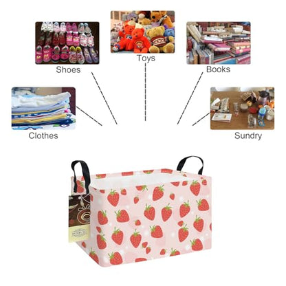 Rectangle Foldable Storage Basket Handles For Home, Pink Strawberry - color: REC-Pink Strawberry