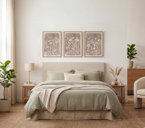 Neutral Floral Wall Art Set of 3, Brown Framed Botanical Canvas Prints - color: White flowers, size: 16x12
