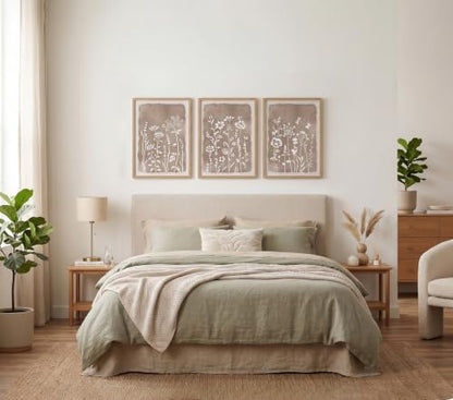 Neutral Floral Wall Art Set of 3, Brown Framed Botanical Canvas Prints - color: White flowers, size: 16x12