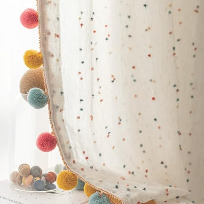 2 패널 무지개 리넨 시어 커튼, 다채로운 폼폼 포함 - color: 멀티 컬러, size: 42"W x 84"L (Pack of 2)
