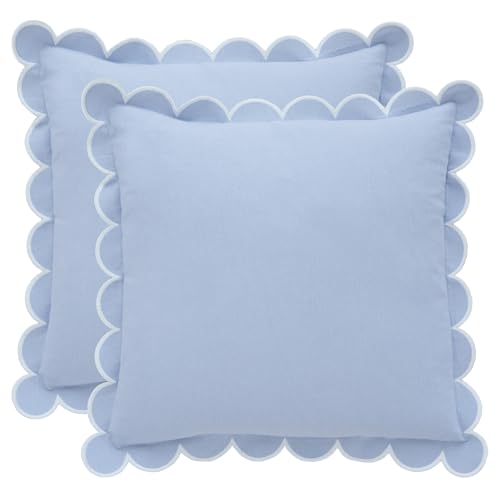 BEBE BASK Scalloped Pillow Cover Set of 2, 18x18, Cotton - Sky Blue/White - color: Sky Blue/White