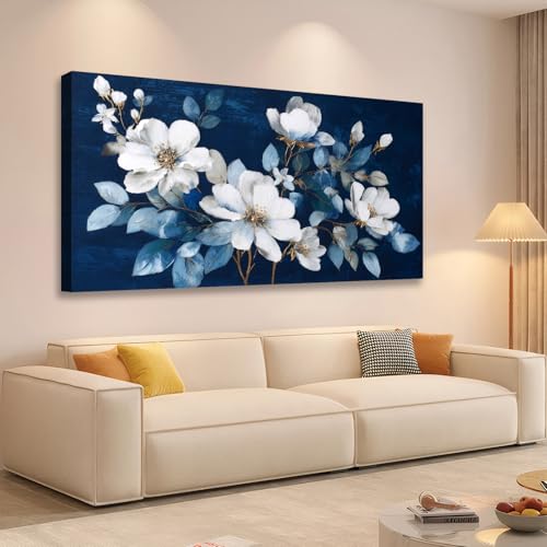 JLXART Framed Large Flower Canvas Wall Art Modern White Floral with Blue Background Print for Bedroom Living Room Office Home Decor,20X40inch - color: White, size: 40"L x 20"W