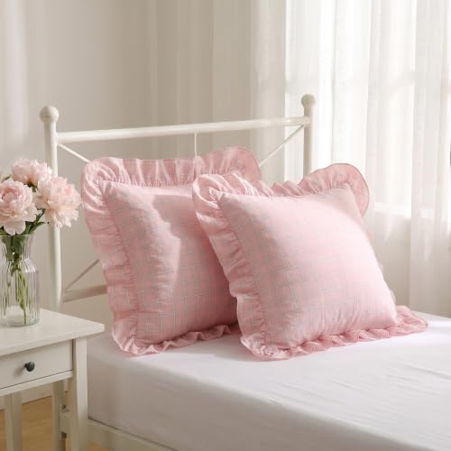Mywinlle Blush Pink Plaid Ruffle Throw Pillow Shams 18"x18" Set of 2 - color: Blush Pink Plaid, size: 18" x 18" (Pack of 2)