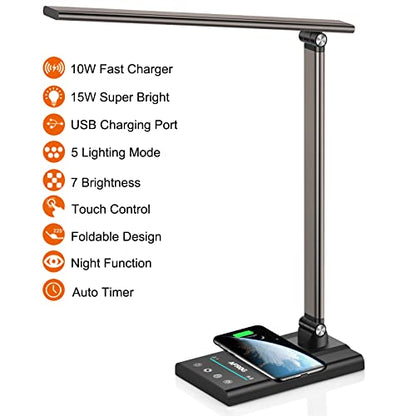 AFROG 5th Gen Multifunctional LED Desk Lamp with 10W Fast Wireless Charger, USB Charging Port,1800Lux Super Bright,5 Lighting Mode,7 Brightness, Touch Control, Auto Timer, 15W Office Table Lamp - color: Brown 5.0 Pro