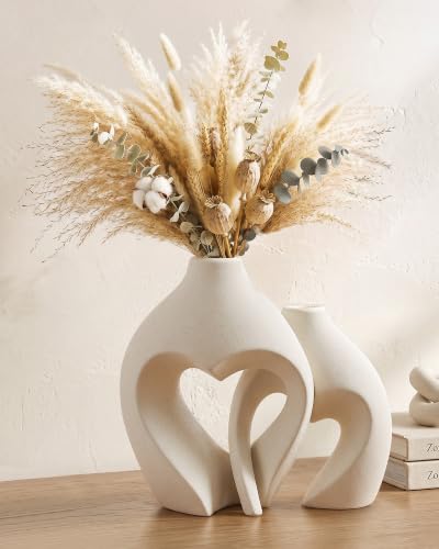 White Ceramic Flower Vase Home Table Decor Heart Shaped Vase Set of 2 - color: Pearl White