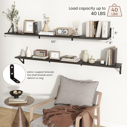 Axeman 55 Inch Floating Shelves, 8 Inch Deep Black Wall Shelves Set of 2 - color: Black, size: 55 Inch