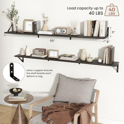 Axeman 55 Inch Floating Shelves, 8 Inch Deep Black Wall Shelves Set of 2 - color: Black, size: 55 Inch